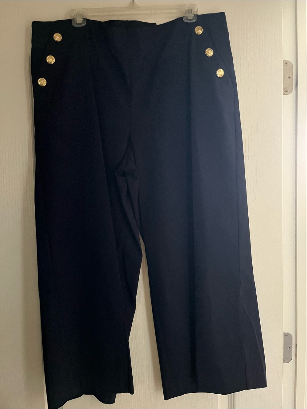 Chico's Navy Wide-Leg Crop Sailor Pants with Gold Buttons Size 3
